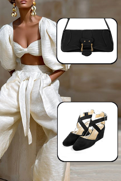 Dress closed-toe heels crossed straps in matt black leather with medium wedge heels and round toe - Worn view
